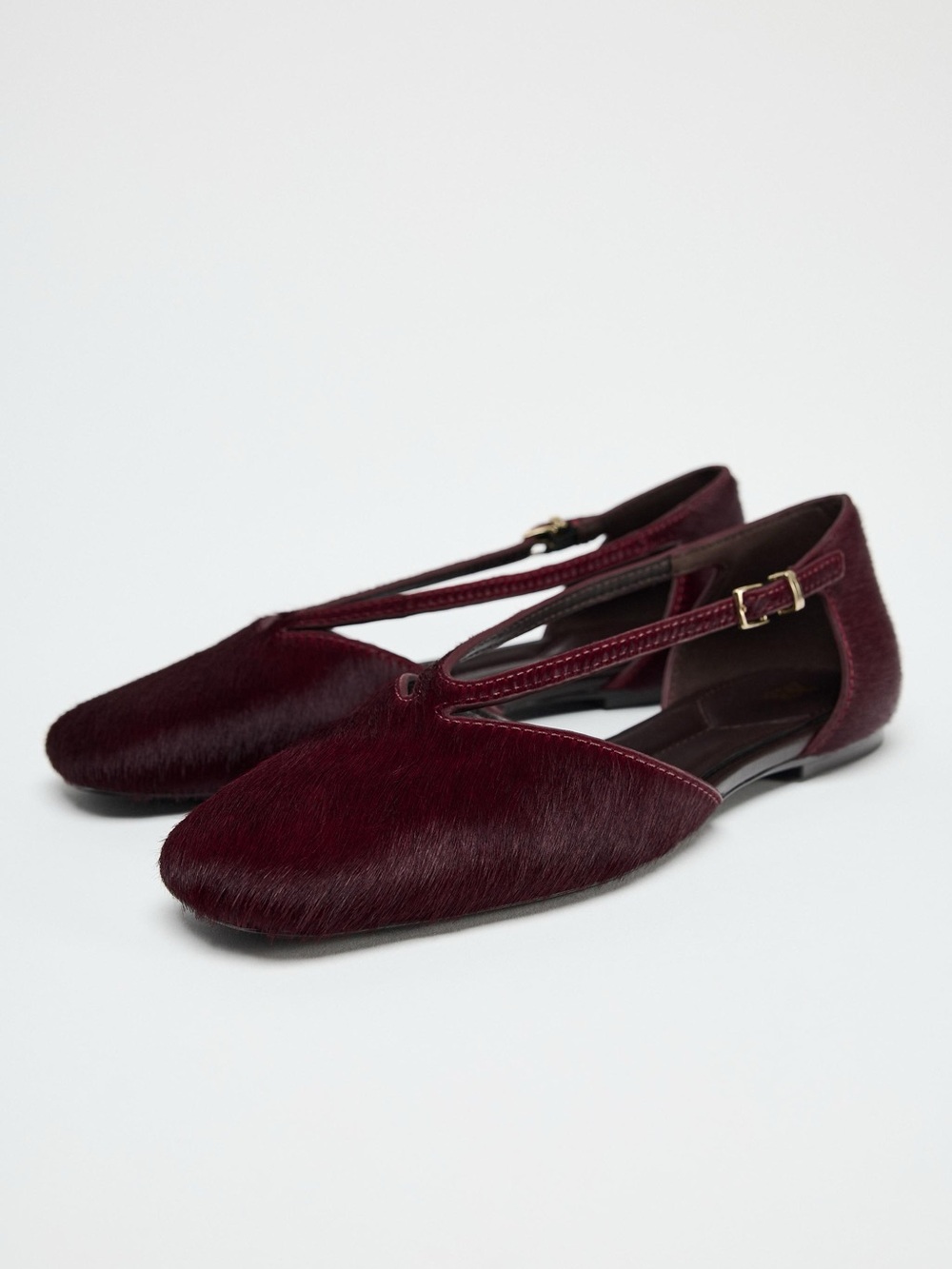 NWOT Zara Burgundy Red Leather Mary Jane Ballet Flats Square Toe Strappy EU 37